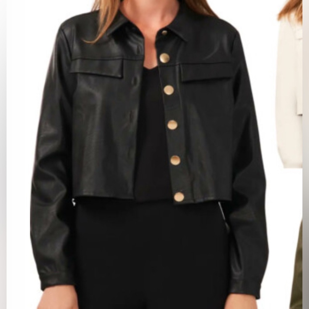 Halogen Black cropped faux leather jacket gold buttons